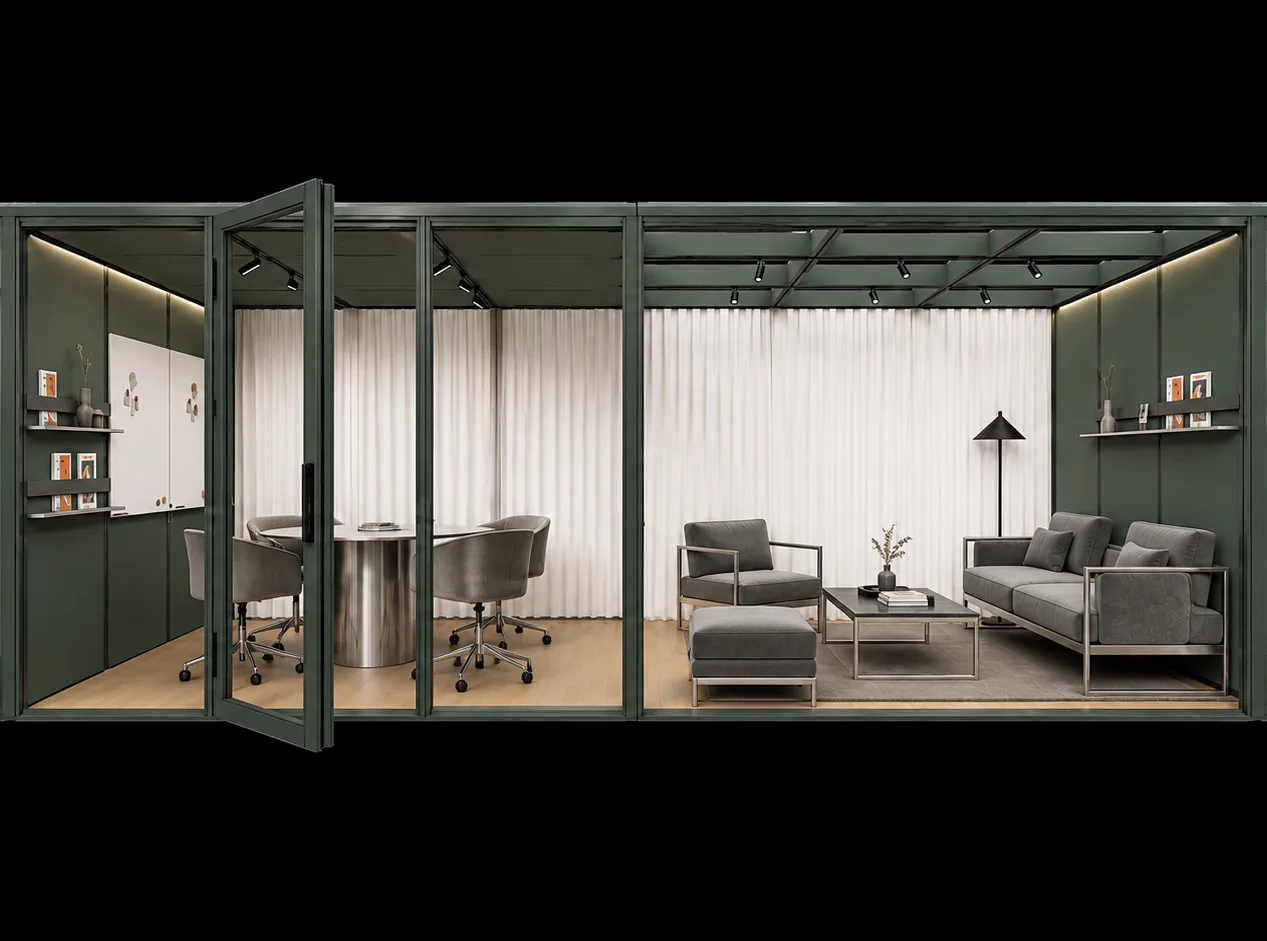 Living office pod with a glazed meeting room and a lounge inside a dark green frame
