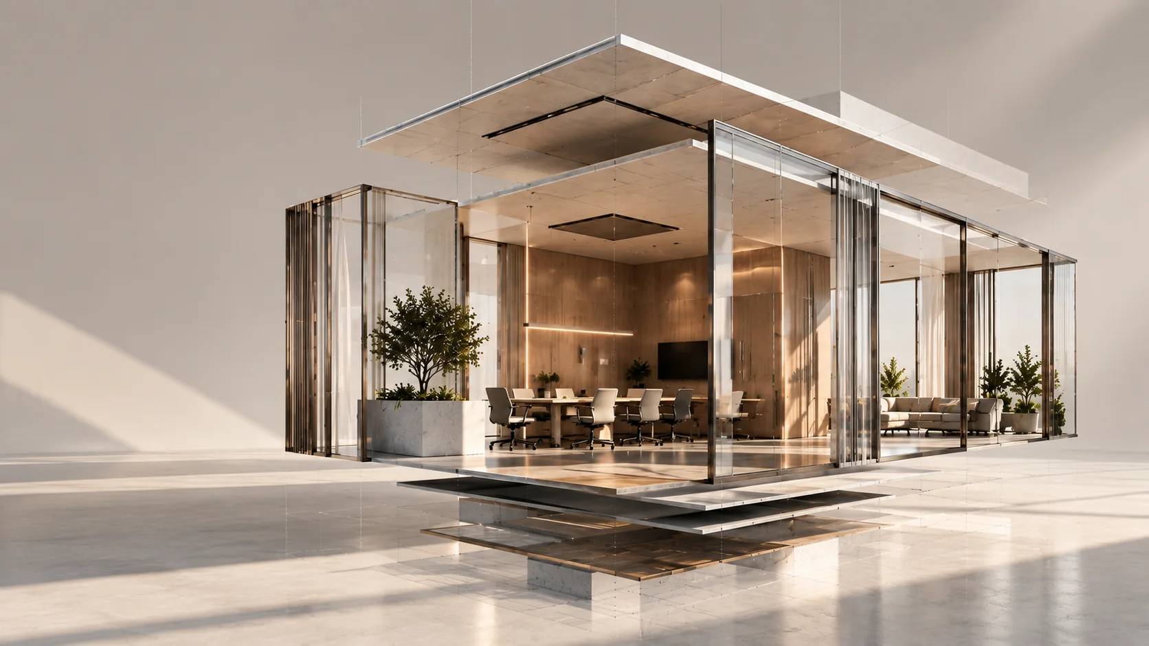 Exploded architectural view of a glass-walled meeting pod with a lounge, suspended above its floor layers